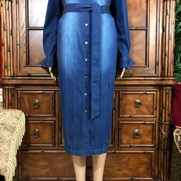 NWOT G.I.L.I. Mid Wash Stretch Cotton Denim Snap Front Belted Shirtdress - Picture 11 of 16